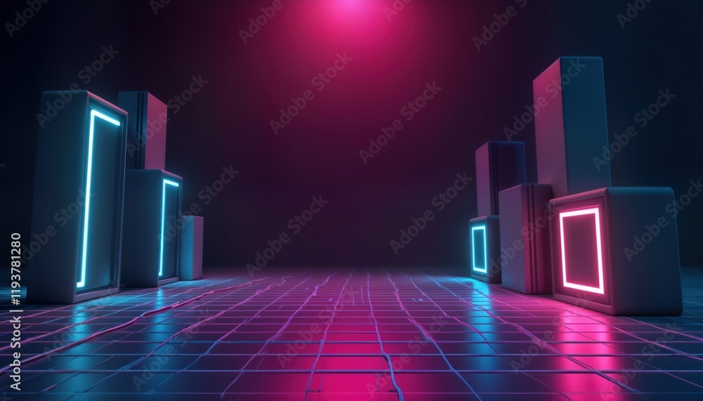 Poster Empty futuristic scene with neon glowing geometric shapes. Dark night studio space with spotlight, grid floor. Cyberpunk aesthetic with virtual reality tech elements. Abstract design. Ideal for tech