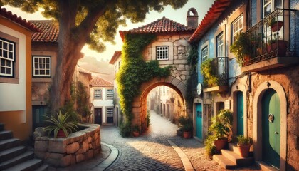Picturesque cobbled street passing under arch in charming european village at sunrise