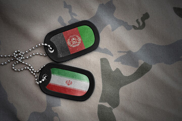 vintage army blank, dog tag with flag of afghanistan and iran on the khaki texture background....