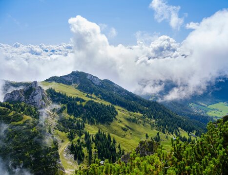 View from the peak of Wendelstein in the Mangfall mountain range in the Bavarian Alps. Germany, Bavaria.