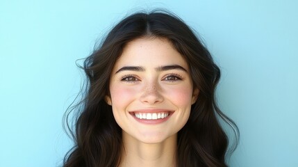 A cheerful young woman with long dark hair smiles brightly, radiating joy and positivity against a calming light blue background, capturing a moment of pure happiness