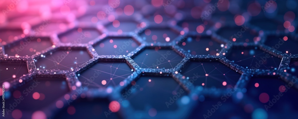 Poster Abstract futuristic tech background with hexagon pattern. Purple, blue colors create digital concept design. Geometric polygonal wallpaper shows grid connections through dots, lines. Network