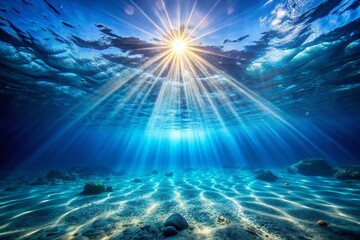 Fototapeta premium Underwater Light Beam, Sunbeam, Ocean, Deep Sea, Blue Water Stock Photo