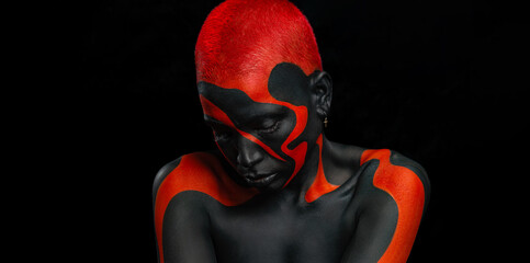 The Art Face. How To Make A Mixtape Cover Design - Download High Resolution picture with black and red body paint on african woman for your music song. Create album template with creative Image.
