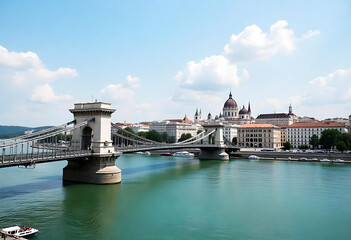 Chain bridge on Danube river in Budapest city. Hungary. Urban landscape panorama with old buildings and domes of opera