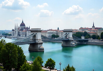 Chain bridge on the Danube river in Budapest city. Hungary. Urban landscape panorama with old buildings and domes of opera