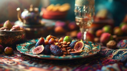 Still life arrangement of figs dates and almonds with an oriental style teapot and glass