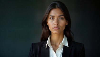 Confident young businesswoman gazes directly at camera. Professional attire. Serious expression. Possible executive entrepreneur. Determined woman exudes strength, ambition. Power posing for photo