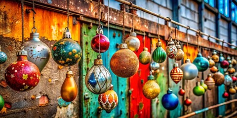 Fototapeta premium Urban Exploration Christmas: Grunge Festive Ornaments Isolated on White Background - PNG