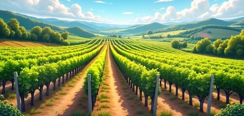 Fototapeta premium Picturesque vineyard landscape. Rows of grapevines extend across rural hillside. Green foliage fills field. Scenic rural scene with clear view of vineyard. Sunlight illuminates landscape. Farmland,
