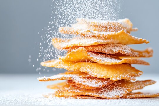 Sprinkling icing sugar on a stack of chiacchiere 