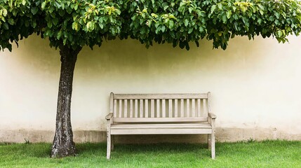 Serene Garden Bench Under Tree near Wall