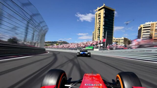 High-speed racing at a Formula 1 event, capturing the thrill and adrenaline of motorsports in a dynamic urban circuit setting.