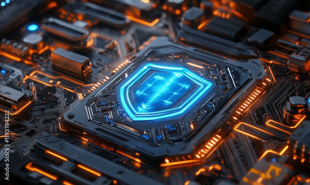 Poster a glowing blue shield embedded in a futuristic circuit board