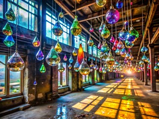 Obraz premium Urban Exploration: Prismatic Light Through Crystal Chandelier in Abandoned Building