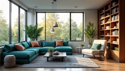 Modern apartment living room with large windows overlooking city landscape. Teal sectional sofa with orange, gray pillows. Wooden coffee table, side tables with plants. Cream colored armchair with