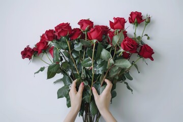Female hands holding red roses on white background for Valentines Day.