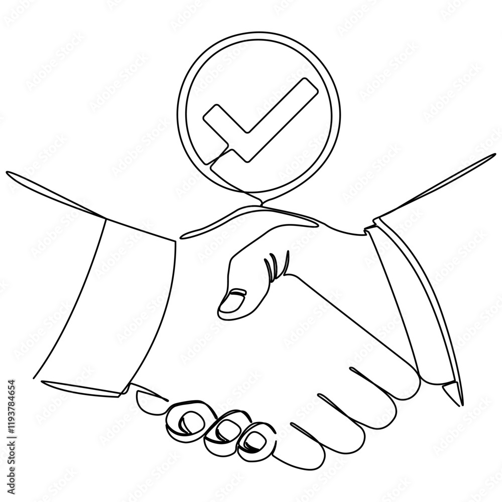 Poster handshake with check mark in circle shape continuous line drawing. world partnership linear symbol. 