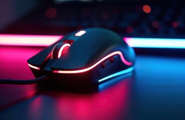 Rgb gaming mouse on dark surface. Modern tech device glowing with pink, blue neon lights. Futuristic style input device. High tech mouse on gaming desk. Stylish computer equipment. Electronic