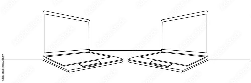Aufkleber two laptops with connection to each other continuous line drawing. portable digital gadgets. vector 