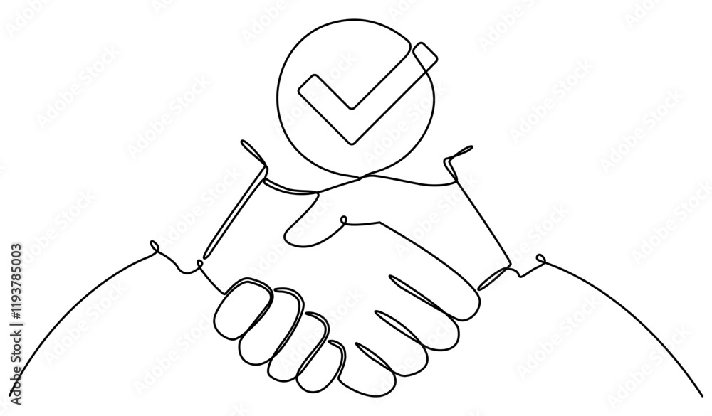 Poster handshake with check mark in circle shape continuous line drawing. world partnership linear symbol. 