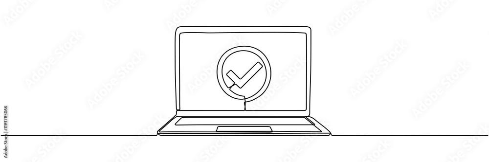 Poster laptop with check mark continuous line drawing. vector illustration isolated on white.