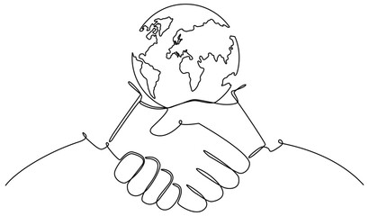 Handshake and Earth globe continuous line drawing. World  agreement and partnership concept. Vector illustration isolated on white.