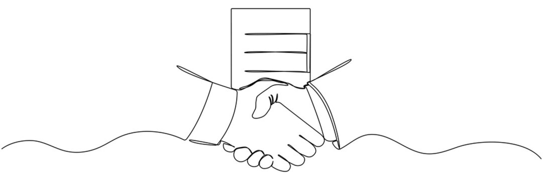 Handshake with contract continuous line drawing. World business agreement concept. Vector illustration isolated on white.