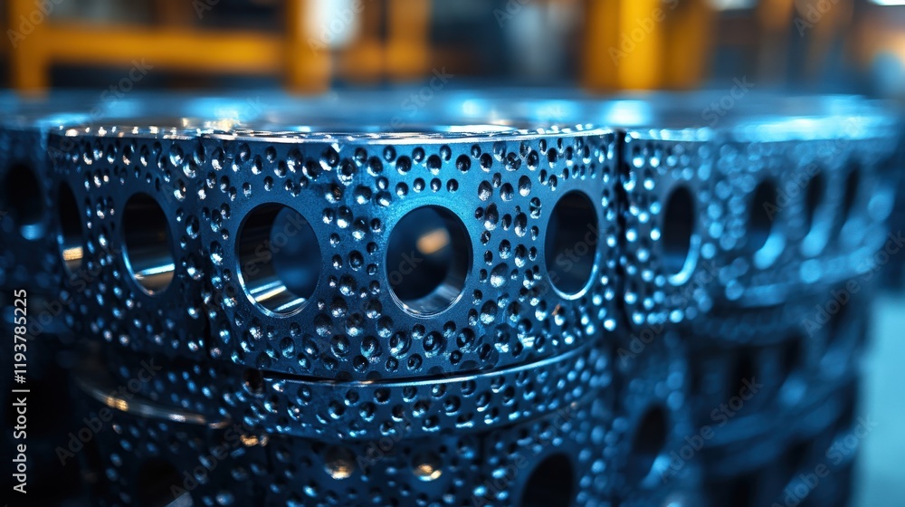 Poster close-up of precision engineered metallic components with perforated design, showcasing reflective s