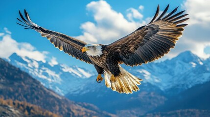 Fototapeta premium Eagle soaring in the sky, close-up of sharp talons and wings in motion, bright blue sky and distant mountains