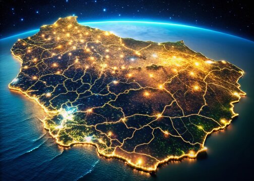 Uruguay Political Map: Night Lights on Major Cities & Borders