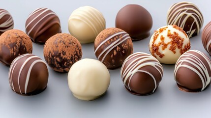 Assorted gourmet chocolate truffles with varied coatings and designs