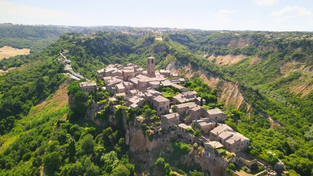 Approaching medieval town of Civita di Bagnoregio from a drone, Italy
