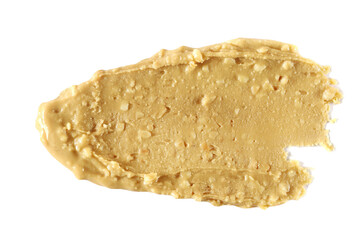 Peanut butter spread with chopped pieces isolated on white, top view