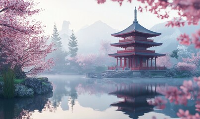 A Traditional Japanese Pagoda Reflecting in a Pond Surrounded by Cherry Blossoms