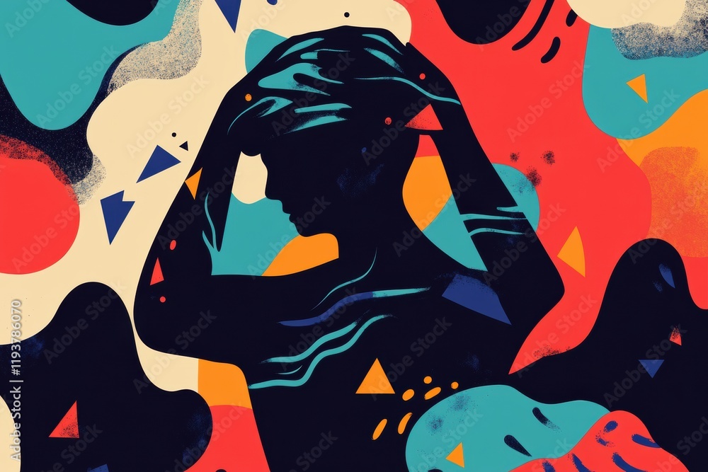 Poster person experiencing pain in head or back amidst abstract waves and geometric shapes at an artistic l