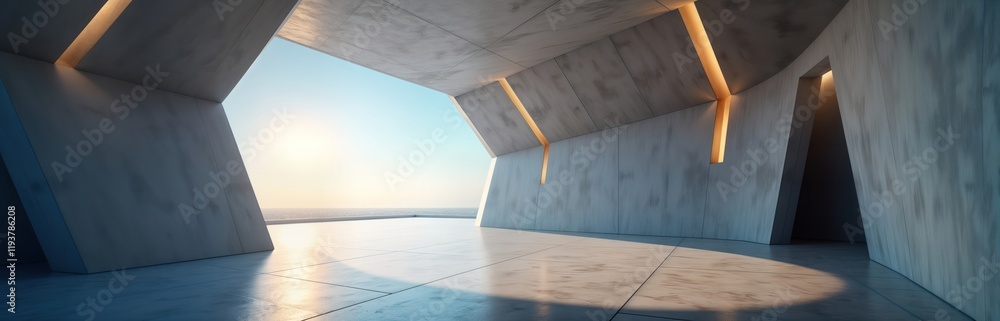 Poster empty modern concrete architecture exterior. open space with sunlight. futuristic design. view of sk