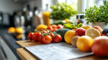 Healthy diet plan, close-up of a colorful meal planner and fresh fruits on a kitchen counter