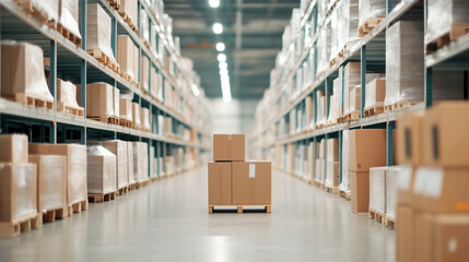 Obraz premium Stacked cardboard boxes in spacious warehouse aisle