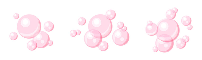 Set of pink soap bubbles in cartoon style. Vector illustration of cute transparent air bubbles isolated on white background. Pink soap bubbles of different sizes:large, medium, small.Foam.