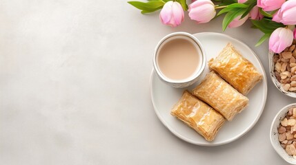 Tulips and baklava with coffee on a plate - sweet pastry delight