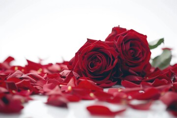 Red roses and rose petals isolated on white.