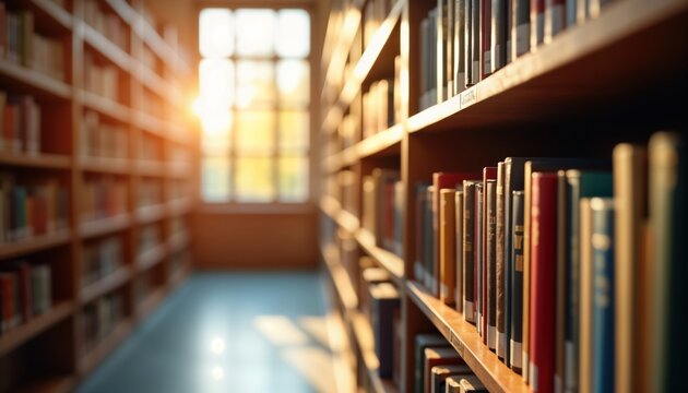 Blurred library interior with rows of books on shelves. Sunlight streams into room. Vast collection of knowledge available. Empty space suggests study environment. Focus on organization, order of