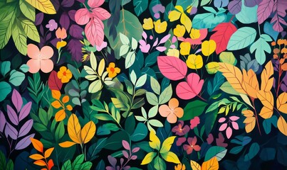 A colorful illustration of a forest floor covered in leaves and wildflowers, whimsical designs, , hand-drawn illustrations