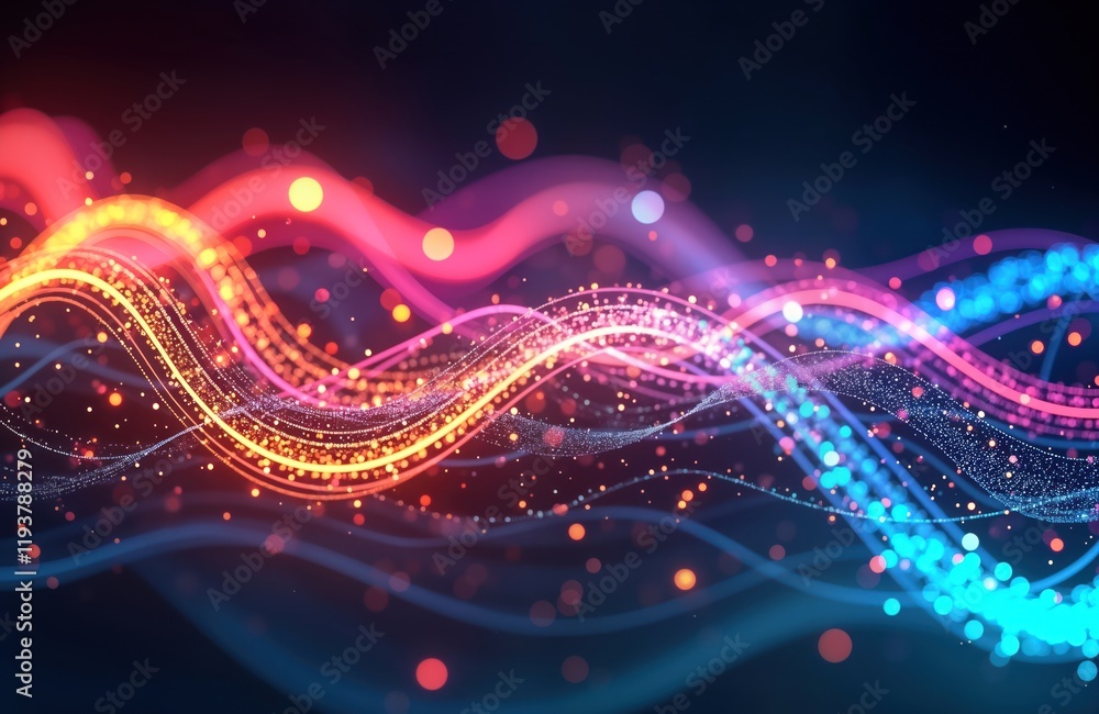 Aufkleber Abstract design displays colourful optic fiber cables forming dynamic waves. Futuristic glowing lines, colored streams create abstract pattern. Vibrant colors, modern tech style enhance visual