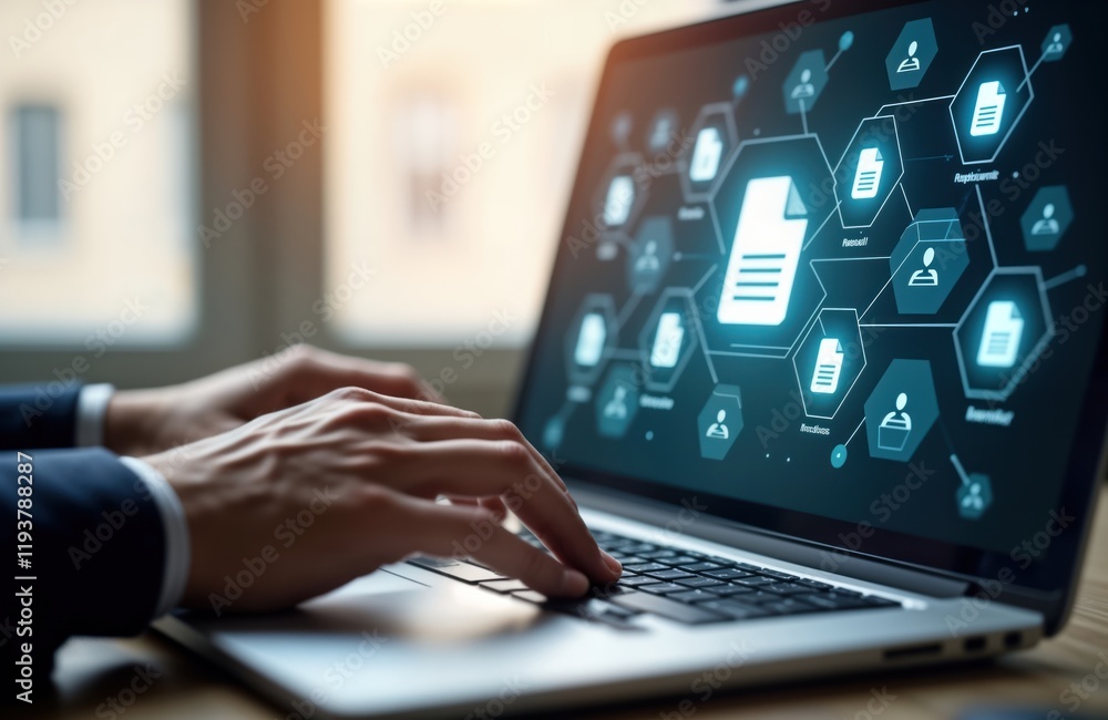 Aufkleber Businessman uses laptop for document management. Hands type on keyboard document icon appears on screen. Tech concept. Modern digital workflow. Business tech. Data security. Office setting. Modern