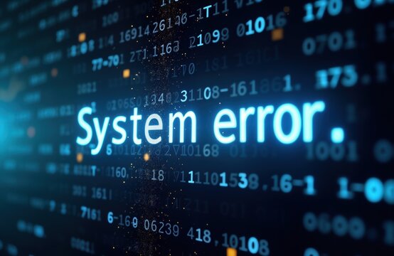 Digital display shows glowing text System error. Data stream background. Futuristic tech scene. Problem tech crash. Binary code, glowing elements. Alert warning. Complex tech issue. Computer