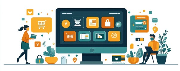 Fototapeta premium Illustration of Online Shopping Concepts with Users and Computer Icons