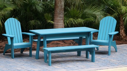 Blue Adirondack Chairs Picnic Table Set Outdoor Patio
