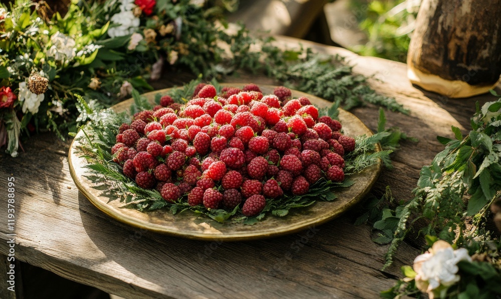 Aufkleber a large plate of fresh raspberries is arranged on a rustic wooden table with some greenery and flowe